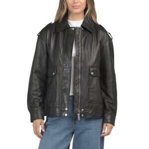 AVEC LES FILLES Black Leather Oversized Aviator Jacket